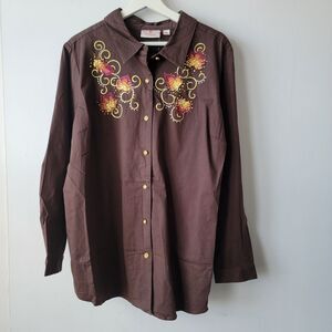 Quacker Factory womens button-down tunic top size XL embellished front brown